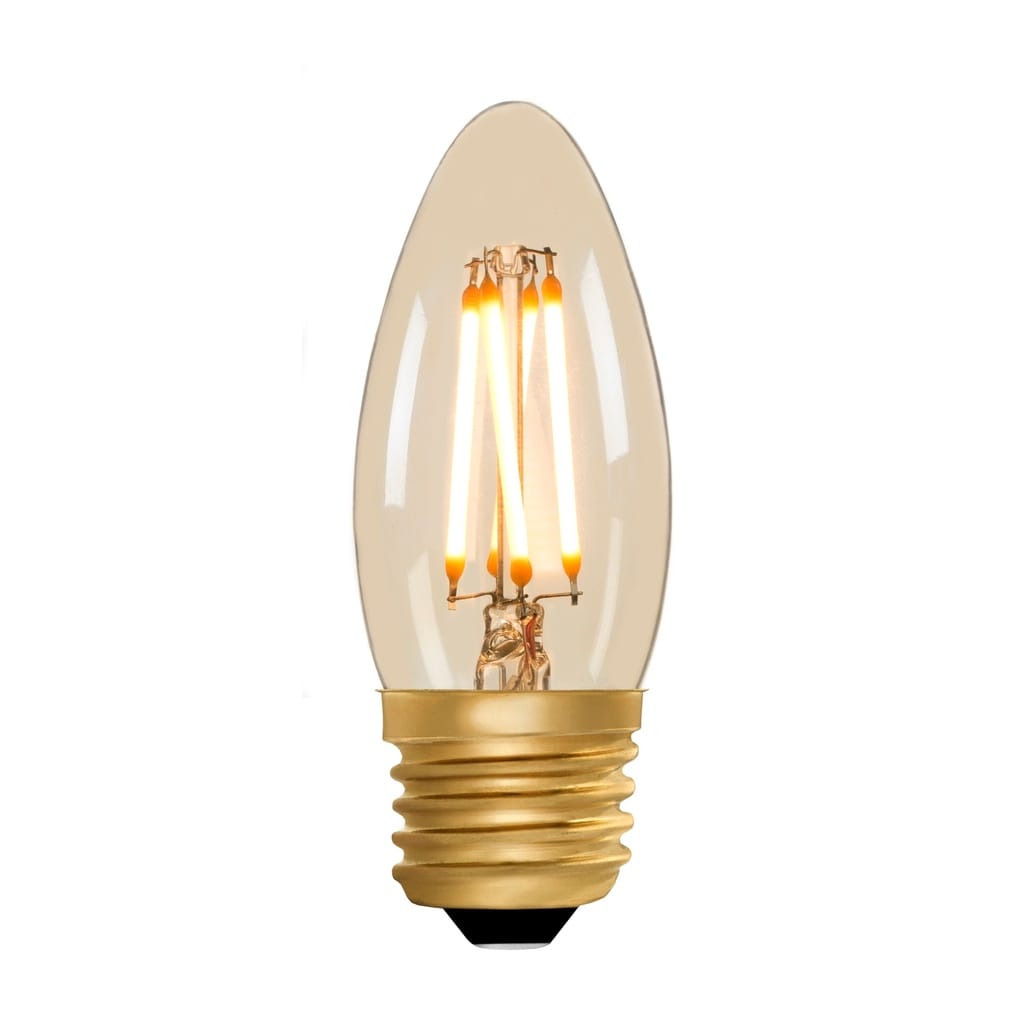 Amber-tinted LED candle bulb with visible filaments and E27 base.