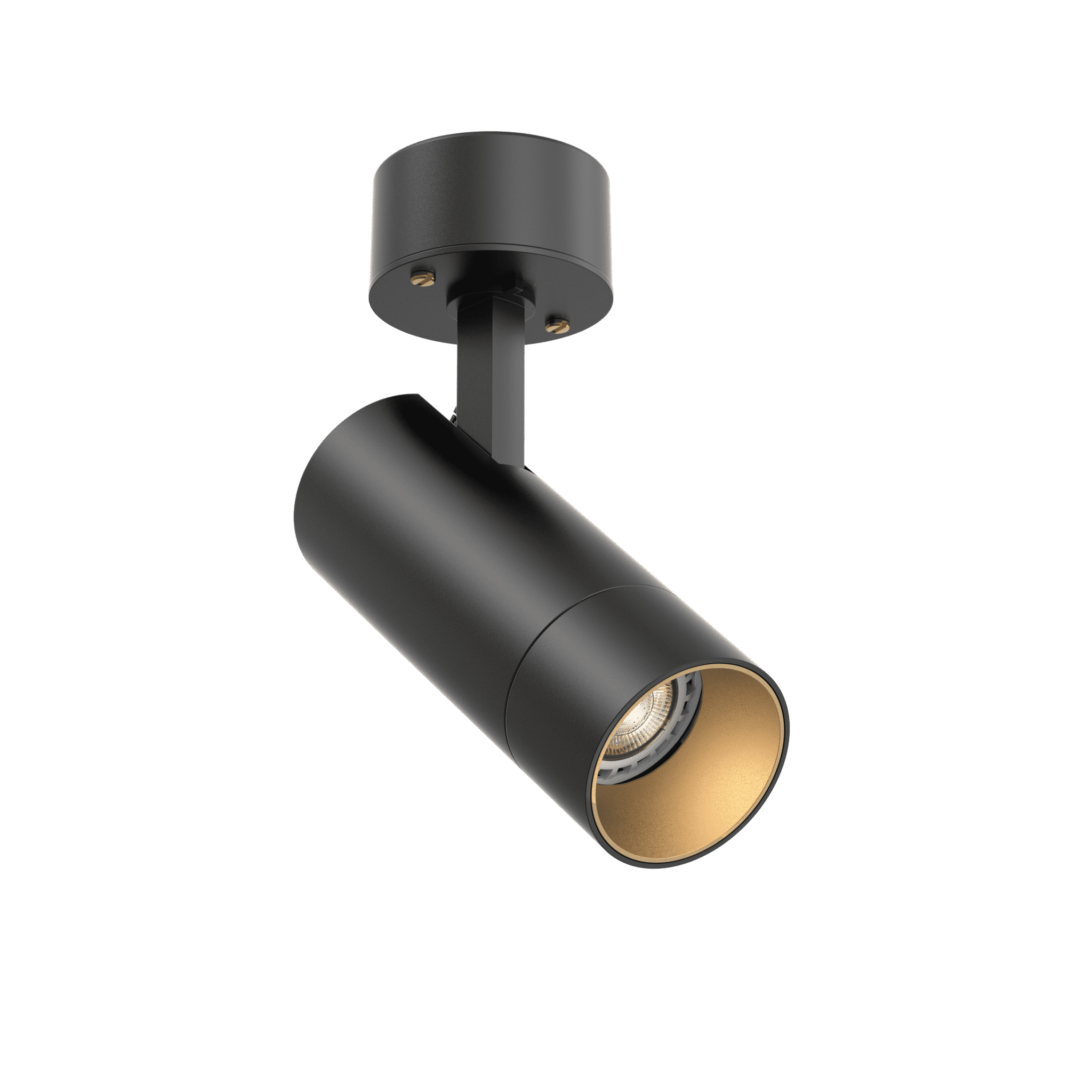 Black adjustable ceiling spotlight with a cylindrical design.