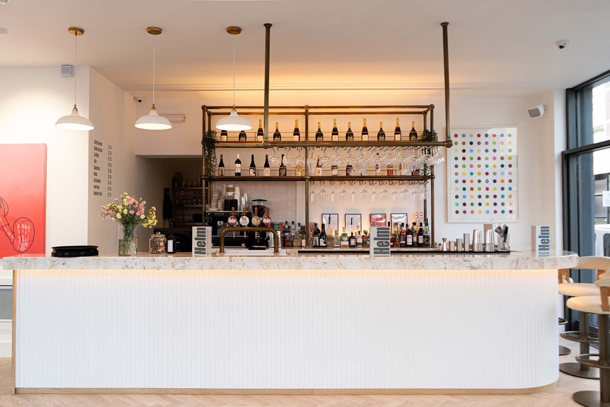 Bar with pendant lighting and LED strip lighting.
