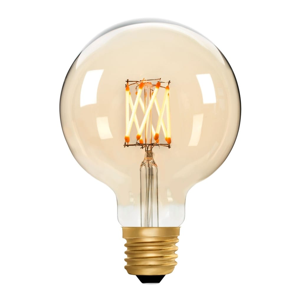 Large globe LED filament bulb with E27 base, amber glass, decorative vintage lighting style