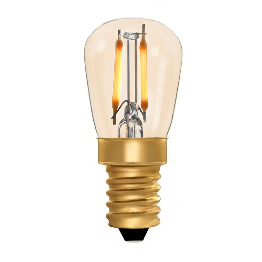 LED filament bulb with E14 cap, clear glass, small tubular shape, warm white light output