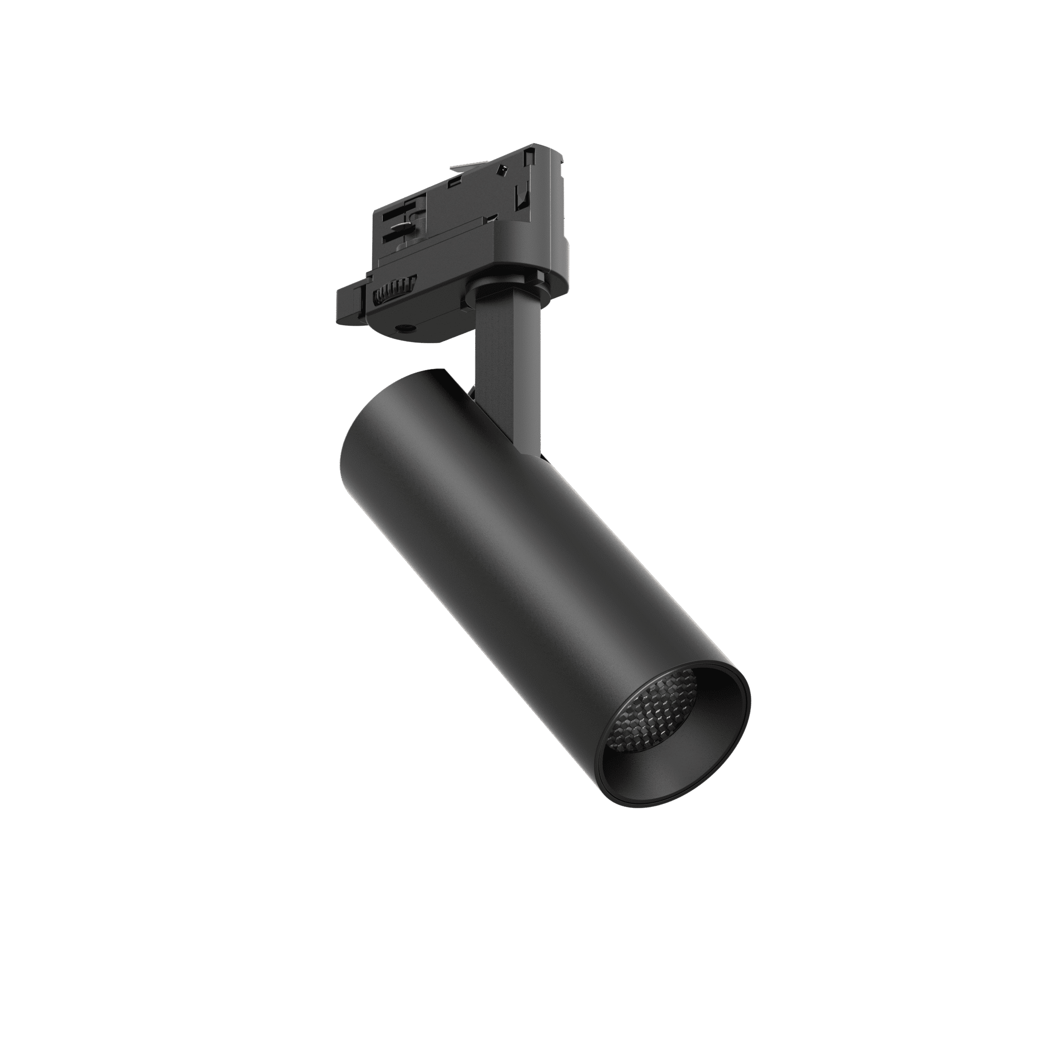 Black LED track light with cylindrical body and adjustable spotlight head.
