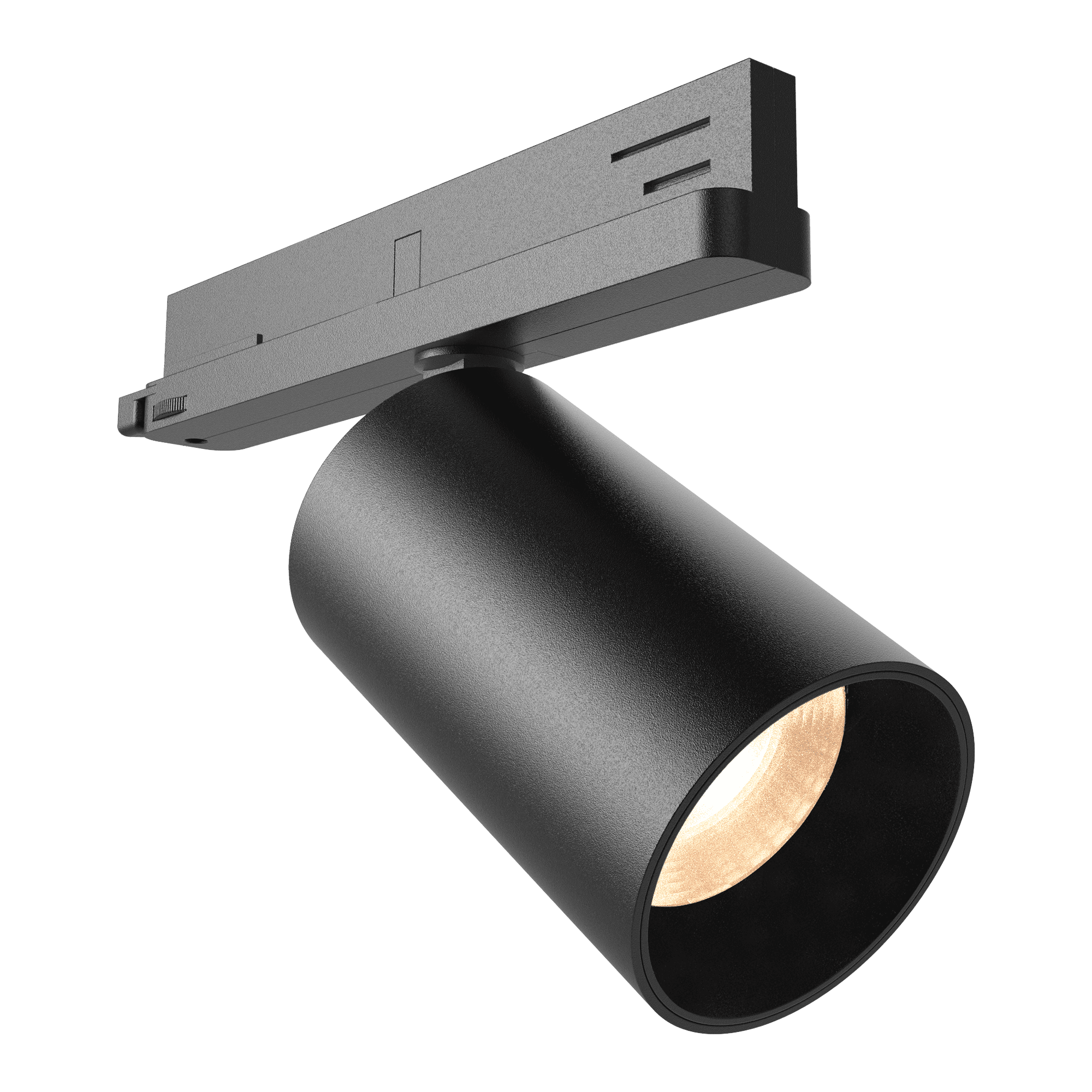 A track ceiling spit light in black with an LED bulb.