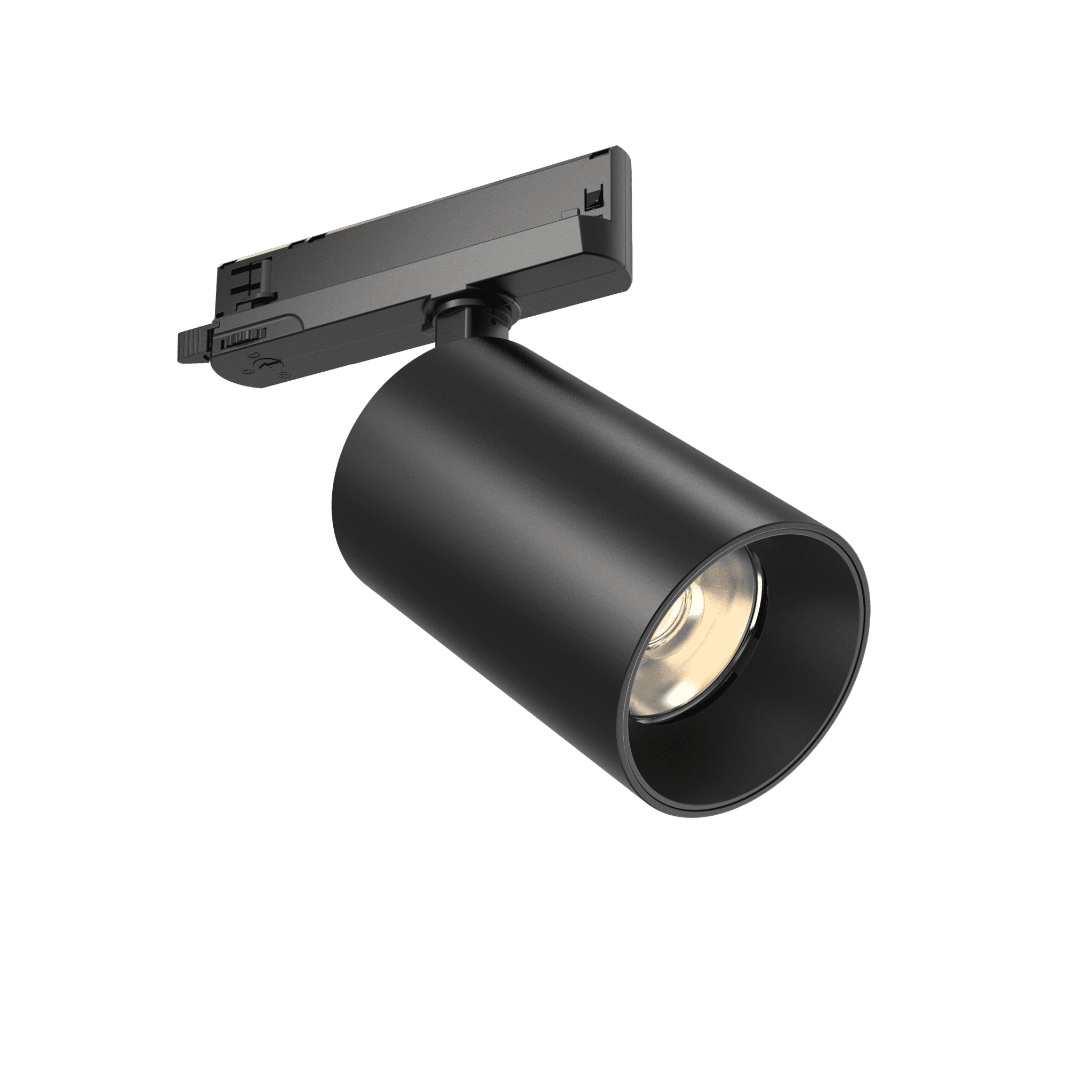 Black cylindrical LED track light with adjustable head for commercial and retail lighting