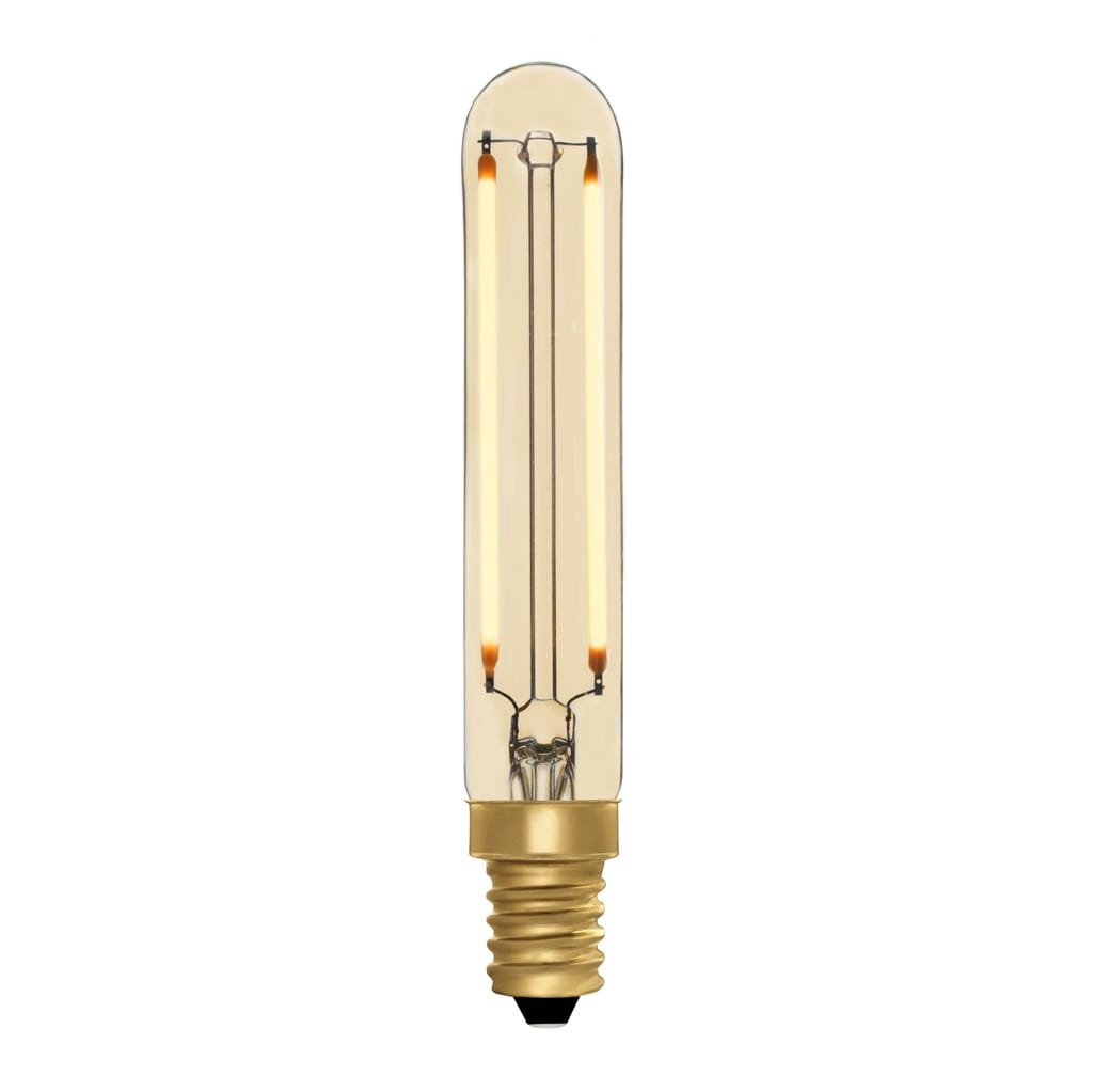 LED filament tubular light bulb with E14 base and warm amber glow.