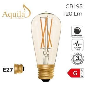 Aquila LED filament bulb E27 dimmable 120 lumens CRI 95 flicker free.