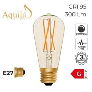 Aquila E27 LED filament bulb, 300 lumens, dimmable and flicker-free with CRI 95, energy rating G.